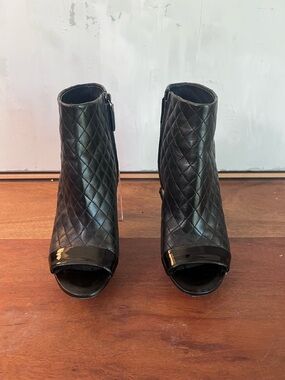 CHANEL Quilted Peep-Toe Ankle Booties - Black with Patent Toe
